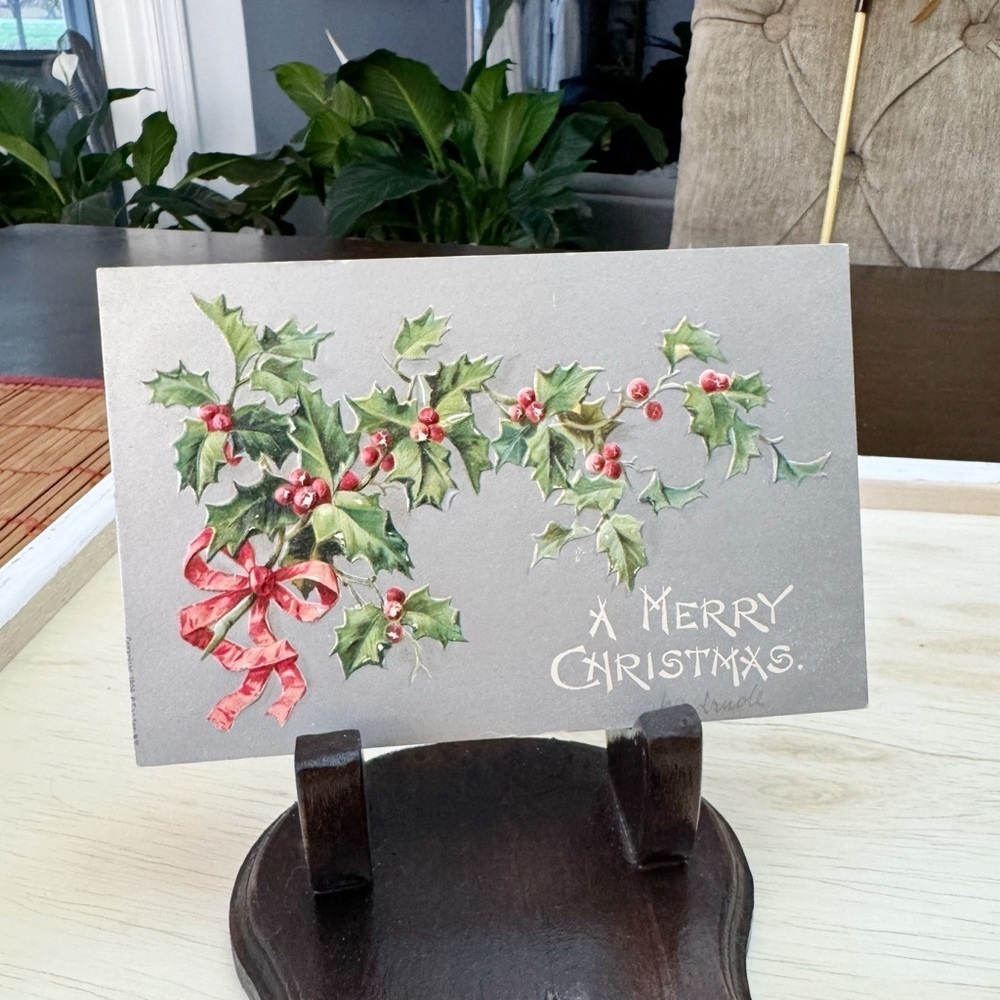 1906 A Merry Christmas Antique Postcard Embossed Holly on Silver Background